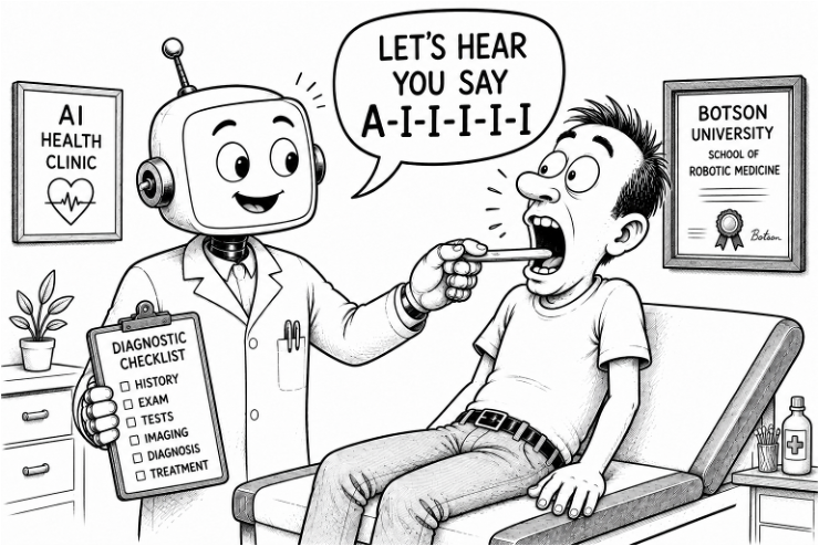 Cartoon of a robot doctor examining a patient's throat in a clinic decorated with a 'Botson University School of Robotic Medicine' diploma, saying: Let's hear you say A-I-I-I-I-I