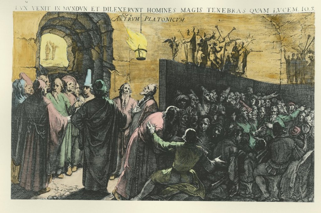 Illustration of Plato's allegory of the cave, showing prisoners watching shadows on a wall while a figure exits toward the light